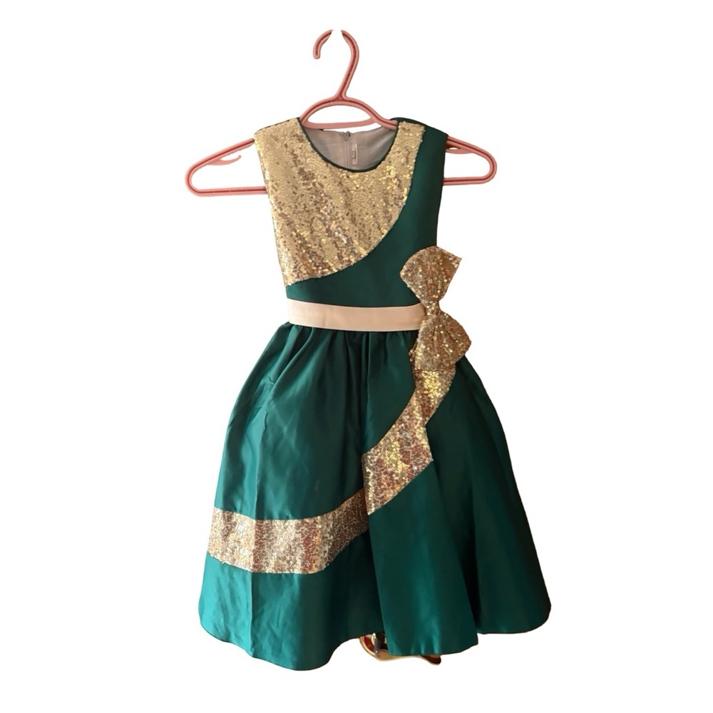 Emerald Green Gold Sequin Party Dress – Girls Size 8